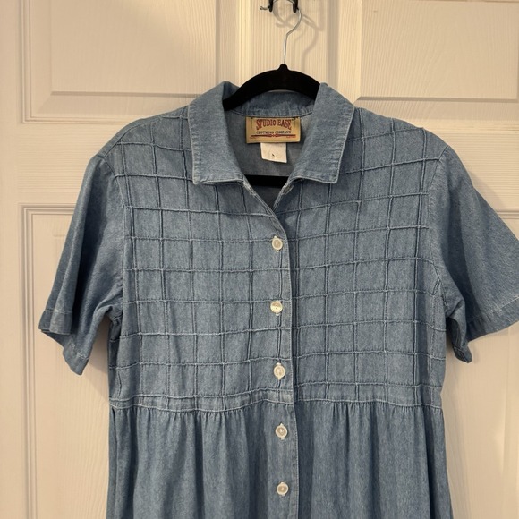 Vintage  Studio Ease Women's Sz S Denim Maxi Dress Buttons Gathered Waist - Picture 3 of 12